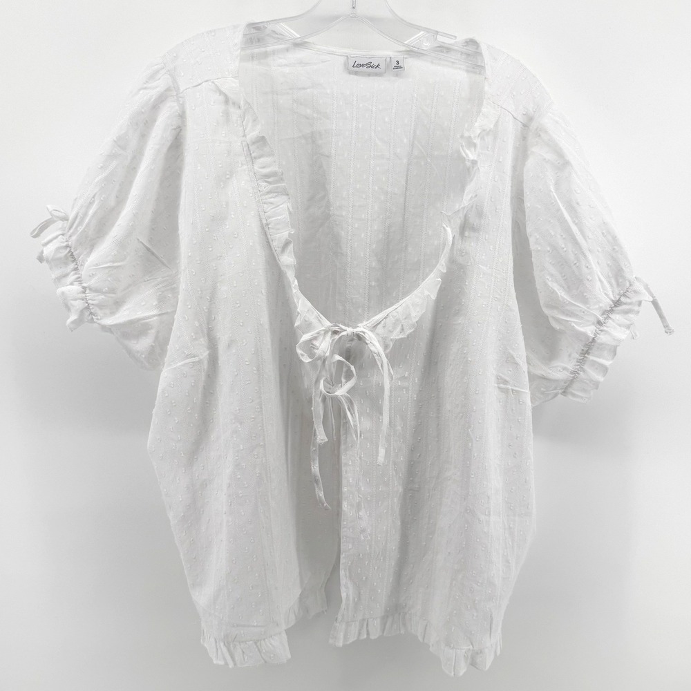 LoveSick Blouse Womens 3X White Swiss Dot Lace Tie Front Ruffle Cottagecore Boho